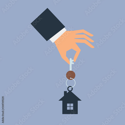 Hand holding a house keychain. Vector illustration. Flat style. Purchase of apartments, moving homes, real estate concept