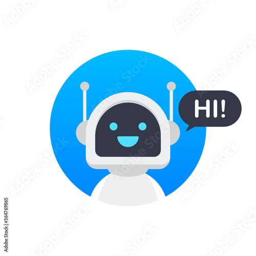 Chat Bot Using Laptop Computer, Robot Virtual Assistance Of Website Or Mobile Applications. Voice support service bot. Online support bot. Vector illustration.