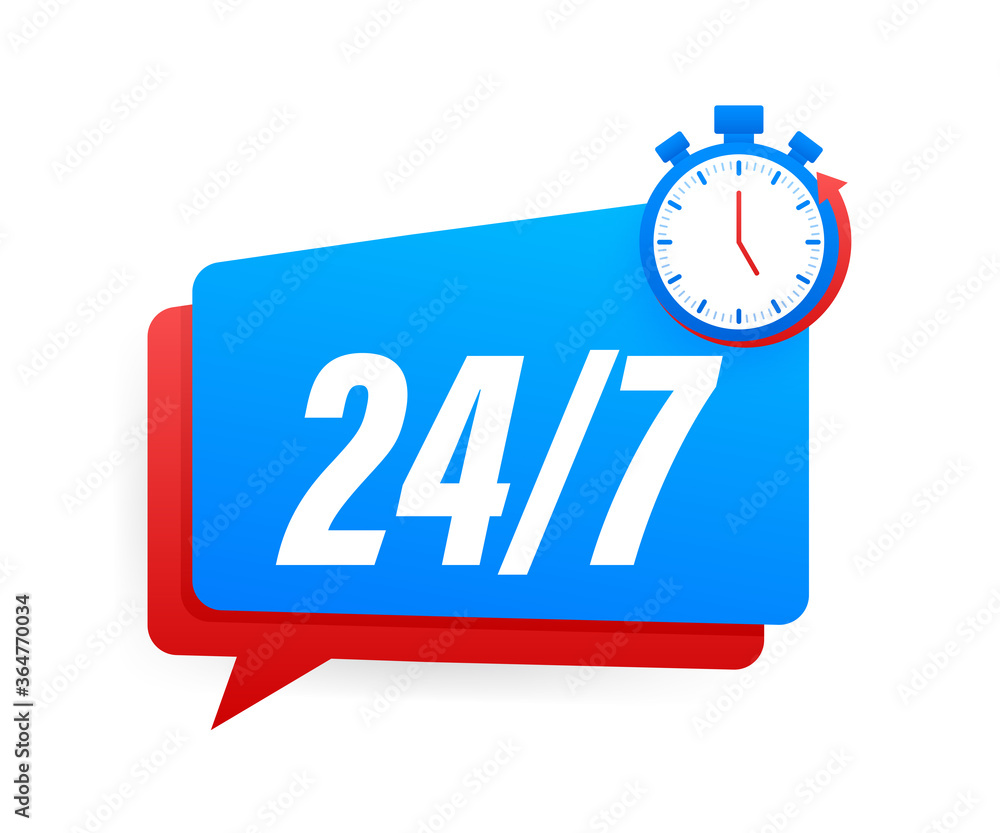 24-7 service concept. 24-7 open. Support service icon. Vector stock illustration. 24-7 service concept. 24-7 open. Support service icon. Vector stock illustration.