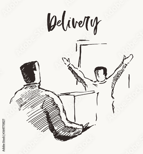 Courier delivered box happy customer drawn vector