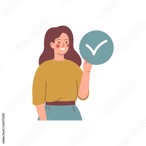 Young woman hold the circle with accept mark. Yes concept. Vector illustration.
