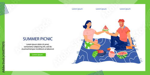 Summer picnic website page with couple in love dating on nature and having picnic. Landing page for people summer activity and outdoor leisure, flat vector illustration.