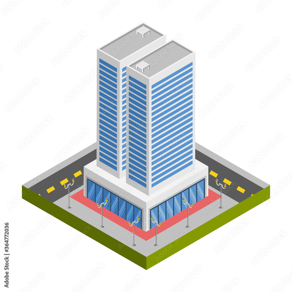 Graphic mall, Business tower building, Isometric 3D illustration. Graphic mall, Business tower building, Isometric 3D illustration.