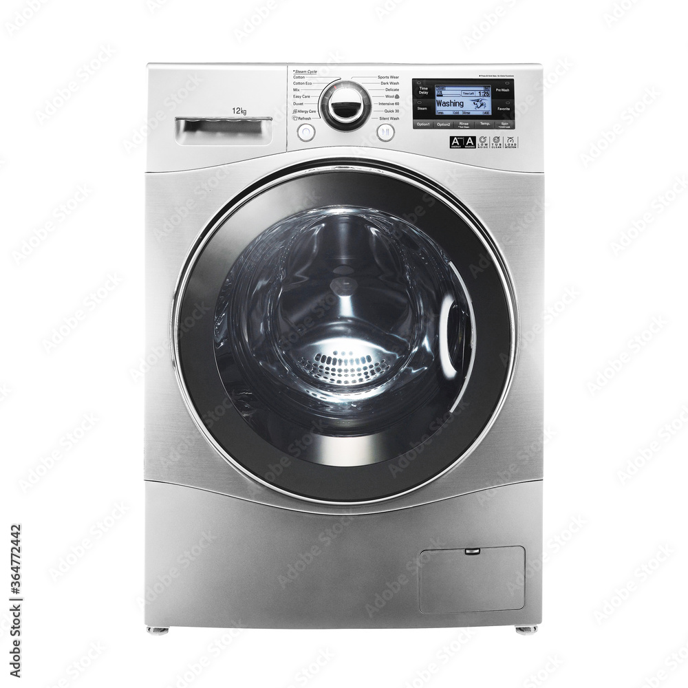 Washing Machine Isolated on White. Front View of Stainless Steel Washer