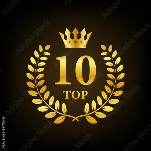 Top 10 label. Golden laurel wreath icon. Vector stock illustration.