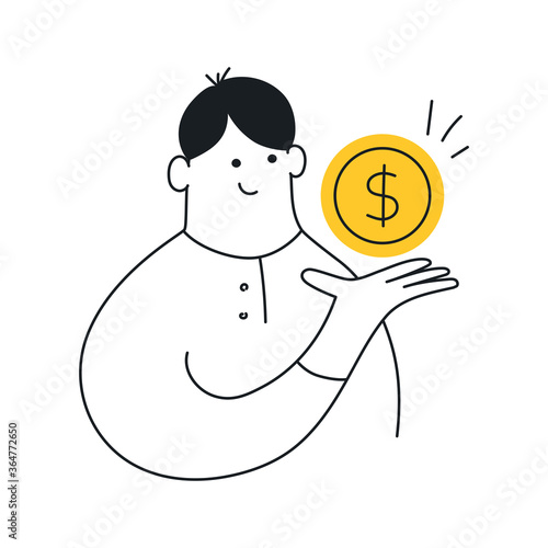 Businessman holding a dollar, gold coin. Profit, wages, salary, income, cash, value or banking concept. Flat line isolated clean vector illustration on white.