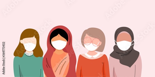 Girls of various nationality wearing protective medical face mask to protect from Covid19, Coronavirus. International community diverse people vector illustration. Multiethnic group, religion equality
