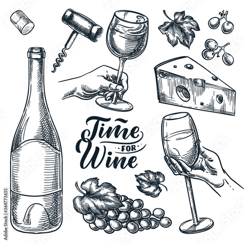 Time for wine vector hand drawn sketch illustration. Human hand holding wine glass. Doodle vintage design elements set