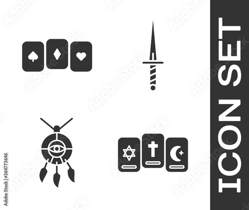 Set Three tarot cards, Playing cards, Dream catcher with feathers and Dagger icon. Vector.