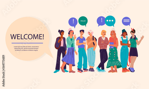 Welcome to university or college banner template with group of students. Back to school, college or university poster or cover teenagers on background, flat vector illustration.