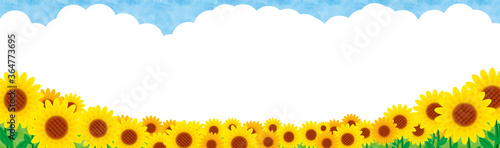 ひまわりと夏のフレーム、サマーバケーション、入道雲の背景、ひまわり畑