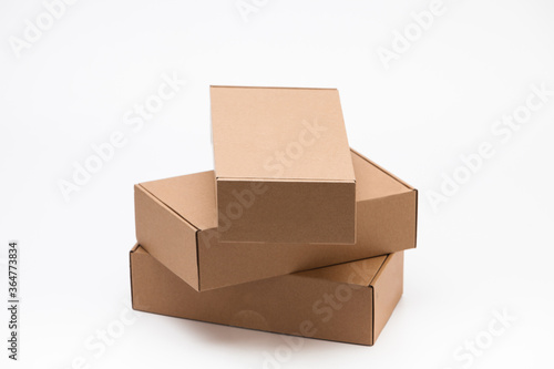 Packing cardboard boxes on white background stack or open