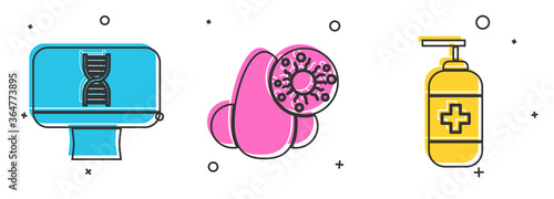 Set DNA spiral and computer, Runny nose and virus and Bottle of liquid antibacterial soap icon. Vector.