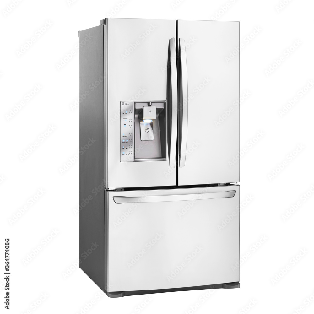 Fridge Freezer Isolated on a White Background. Bottom Freezer Refrigerator with Water Dispenser