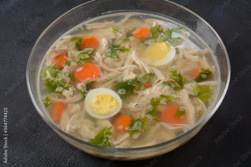 Home made aspic, jellied chicken meat with herbs and carrots. Traditional Russian dish holodets. Served with bread and mustard or/and horseradish