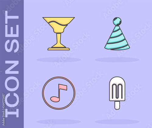 Set Ice cream, Cocktail, Music note, tone and Party hat icon. Vector.