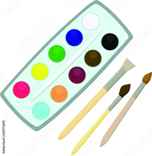 Set of watercolor paints and brushes for painting and creative work. design elements of the school, vector illustration