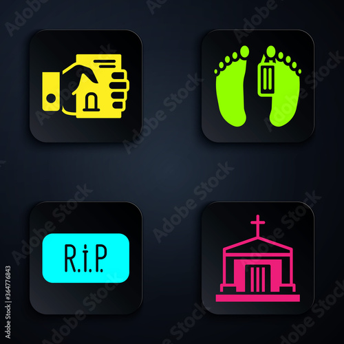 Set Old crypt, Death certificate in hand, Speech bubble rip death and Dead body. Black square button. Vector.