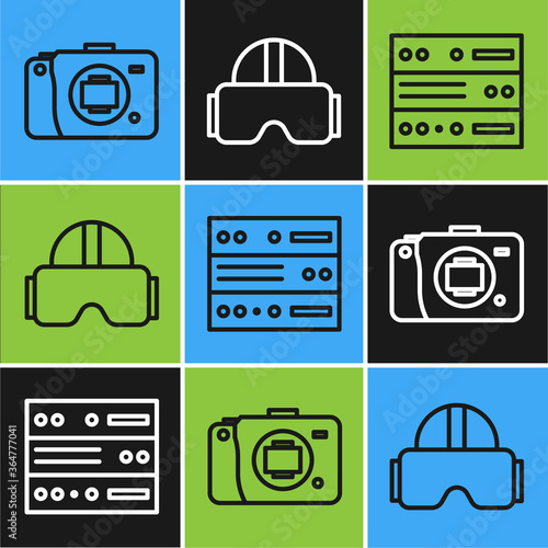 Set line Mirrorless camera, Server, Data, Web Hosting and Virtual reality glasses icon. Vector.