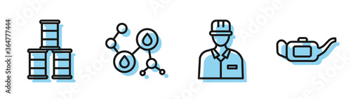 Set line Oilman, Barrel oil, Molecule oil and Canister for motor oil icon. Vector.