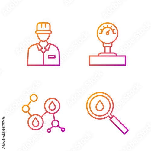 Set line Oil drop, Molecule oil, Oilman and Gauge scale. Gradient color icons. Vector.
