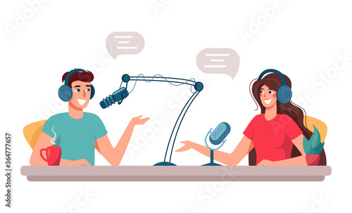 Cute man and woman are DJs on the radio. Leading podcasts with a microphone talking live in the studio. Vector characters isolated on white. For web banner, infographic, landing pages