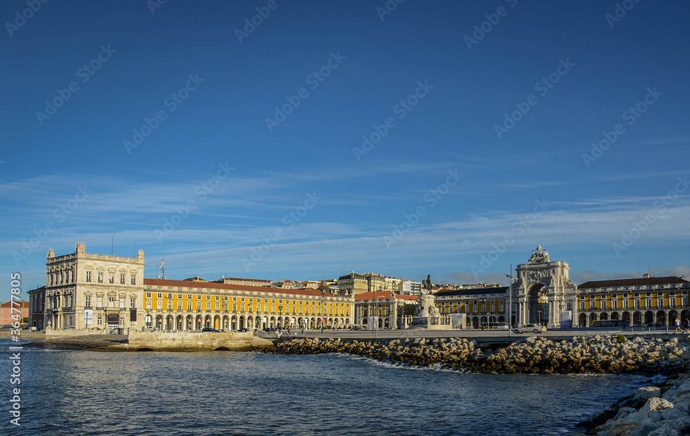 Panoramic view of the Commerce square (Praca do Comercio) and the Tagus river, in Lisbon, Portugal