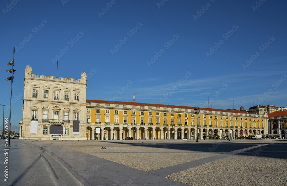 Summer morning in the Commerce square (Praca do Comercio), in Lisbon, Portugal