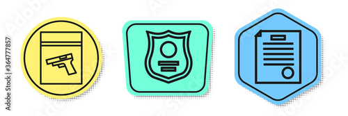 Set line Evidence bag and pistol or gun, Police badge and The arrest warrant. Colored shapes. Vector.