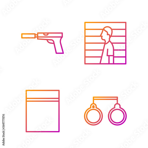 Set line Handcuffs, Plastic bag with ziplock, Pistol or gun with silencer and Suspect criminal. Gradient color icons. Vector.