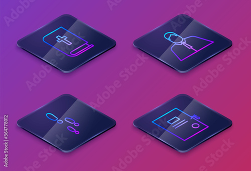 Set Isometric line Holy bible book, Footsteps, Lawyer, attorney, jurist and Lawsuit paper. Blue square button. Vector illustration