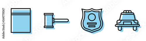Set line Police badge, Plastic bag with ziplock, Judge gavel and Police car and flasher icon. Vector.