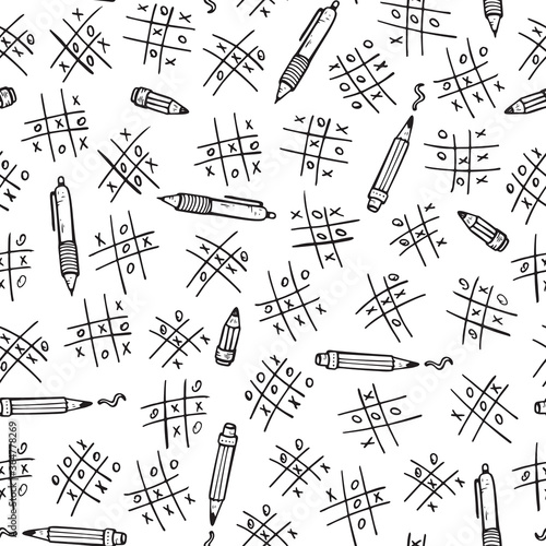 Back to school background. Doodle TIC TAC toe game, pen and pencil Vector Seamless pattern
