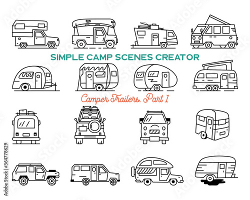 Vintage hand drawn camper recreational trailers, Rv cars icons. Simple line art graphics elements. Camping vehicles vans and caravans symbols. Stock vector isolated.
