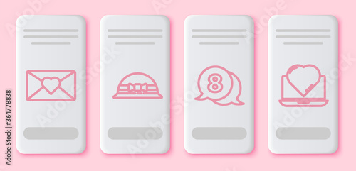 Set line Envelope with 8 March, Elegant women hat, 8 March in speech bubble and Online dating app and chat. White rectangle button. Vector.