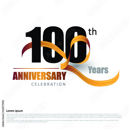 100 years anniversary logo template with ribbon. Poster template for Celebrating 100th event. Design for banner, magazine, brochure, web, invitation or greeting card. Vector illustration