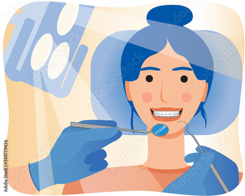 Young girl smiles with braces on teeth in a dental chair as a concept of orthodontic services, flat vector stock illustration with patient and orthodontist