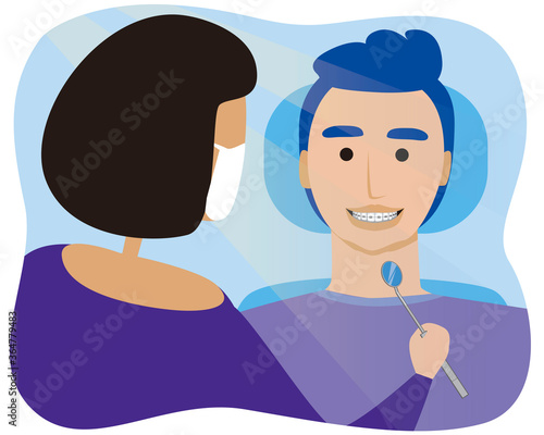 Young guy smiles with braces on teeth in a dental chair as a concept of orthodontic services, flat vector stock illustration with patient and dentist