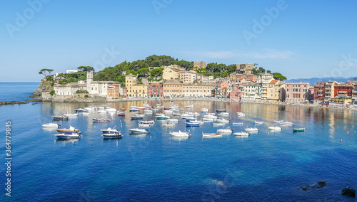 Fototapeta Naklejka Na Ścianę i Meble -  Panoramic aerial view of the Bay of Silence in Sestri Levante with many colored houses