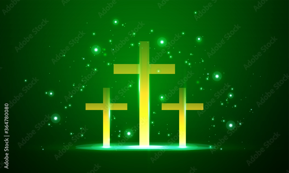 Obraz premium Shining cross, Riligious symbol, Glowing Saint cross. Religion cross bright vector illustration background. Green and bright. Shinny religion template for card, invitation, greeting and wallpaper.
