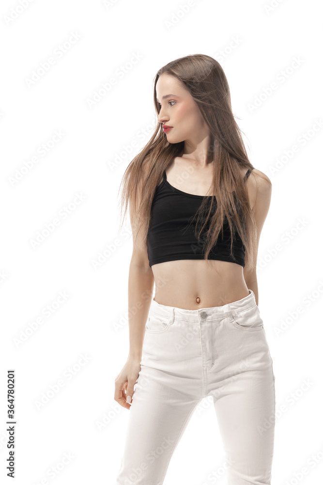 Portrait of beautiful young woman isolated on white studio background. Concept of beauty, skin care, fashion and style. Artwork, modern and trendy portrait. Attractive model in black and white casual. Portrait of beautiful young woman isolated on white studio background. Concept of beauty, skin care, fashion and style. Artwork, modern and trendy portrait. Attractive model in black and white casual.