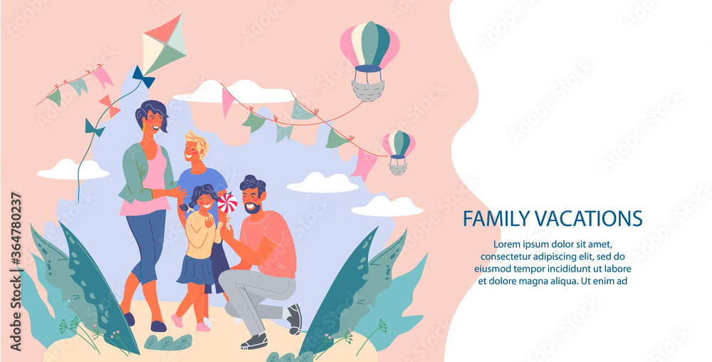 Web page for family vacations and holidays in park with parents and children characters having fun. Landing page for active summer leisure and family entertainments, flat vector illustration.