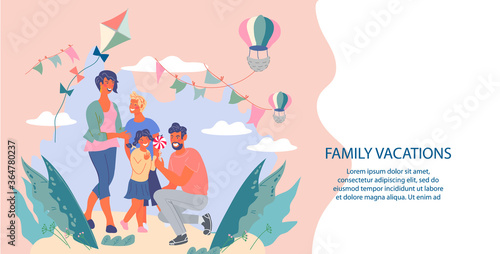Web page for family vacations and holidays in park with parents and children characters having fun. Landing page for active summer leisure and family entertainments, flat vector illustration.