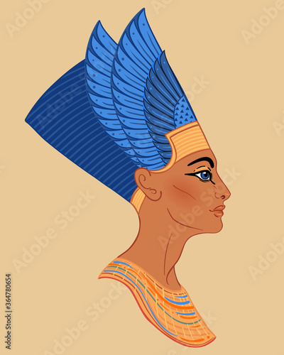 Egyptian queen Nefertiti isolated on white background. Great Royal Wife of the Egyptian Pharaoh Akhenaten. Illustration isolated vector.