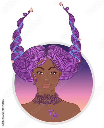 Illustration of Capricorn astrological sign as a beautiful African American girl. Zodiac vector illustration isolated on white. Future telling, horoscope, alchemy, spirituality, fashion black woman.