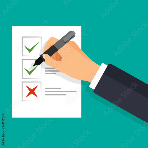 Hand with pen puts check mark. Businessman signs check box. The hand holds felt pen in a 3d style. To do list concept. Business financial agreement.	