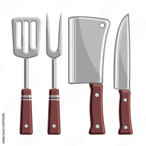 Vector Set of BBQ Tools, collection of 4 cut out illustrations - barbeque spatula, sharp fork, chef cleaver and stainless knife on white background.