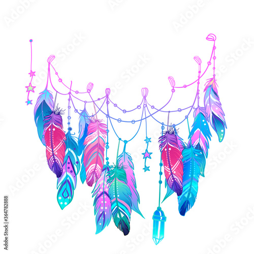 Hand drawn vector painted bird feathers isolated on white background. Colorful set for your design. Trendy boho style patterned elements, sketch, tribal colorful concept.