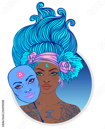 Illustration of Gemini astrological sign as a beautiful African American girl. Zodiac vector illustration isolated on white. Future telling, horoscope, alchemy, spirituality, fashion black woman.