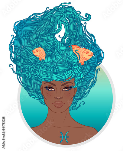 Illustration of Pisces astrological sign as a beautiful African American girl. Zodiac vector illustration isolated on white. Future telling, horoscope, alchemy, spirituality, fashion black woman.